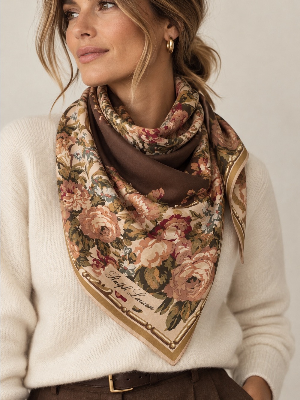 Ralph Lauren Floral Scarf Brown Rose Baroque Vintage Luxury Old Money Heritage